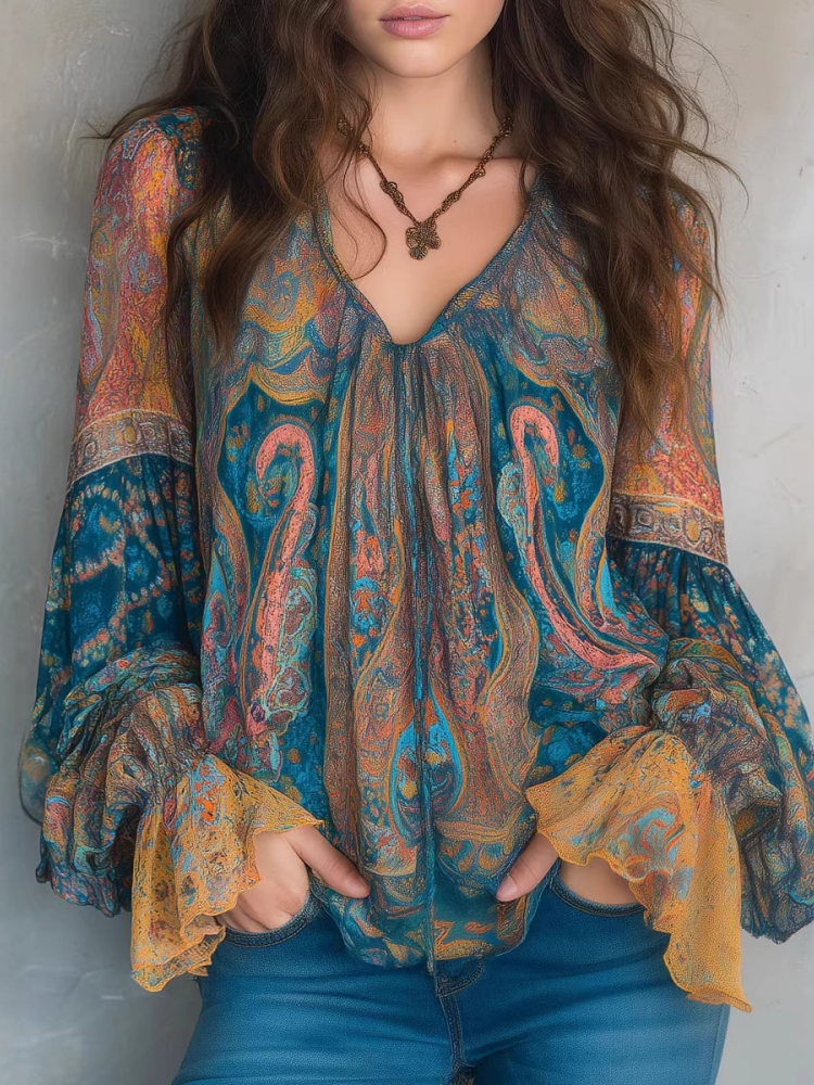 Ethnic Fashion Wear - Ethnic Women Vintage Bohemian Tops Ruffled