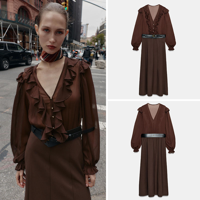 Ethnic Fashion Wear - Elegant V-Neck Long Sleeve Midi Dress