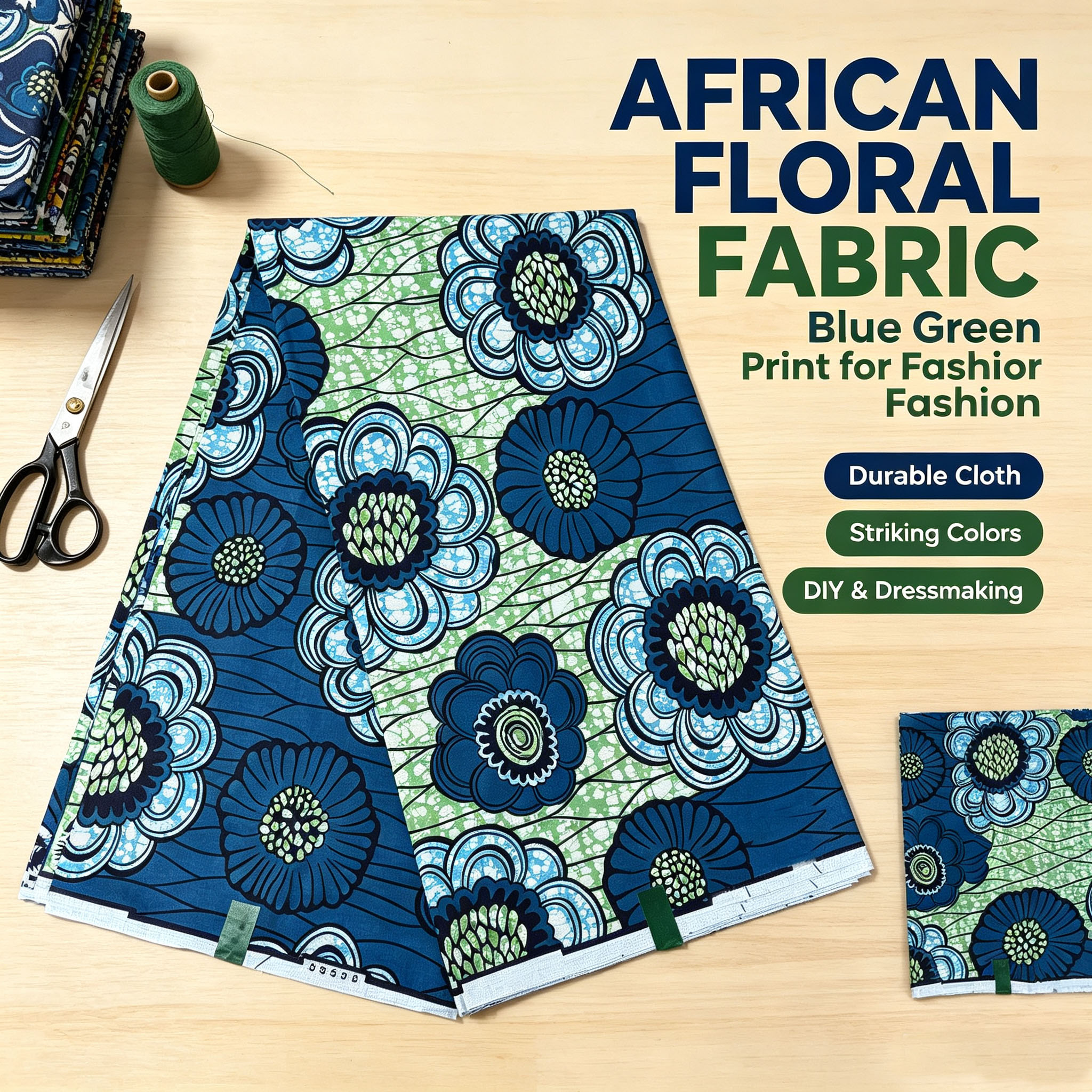 African Ankara Print - New Blue Green Floral African Real