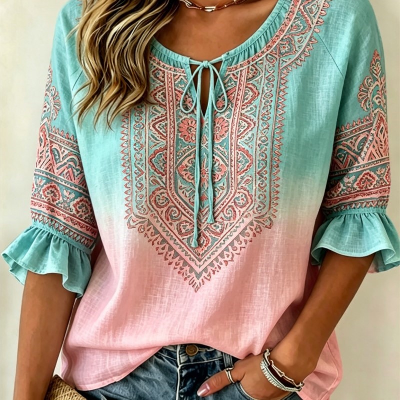 Ethnic Fashion Wear - Women's Gradient Blue Pink Ethnic Paisley