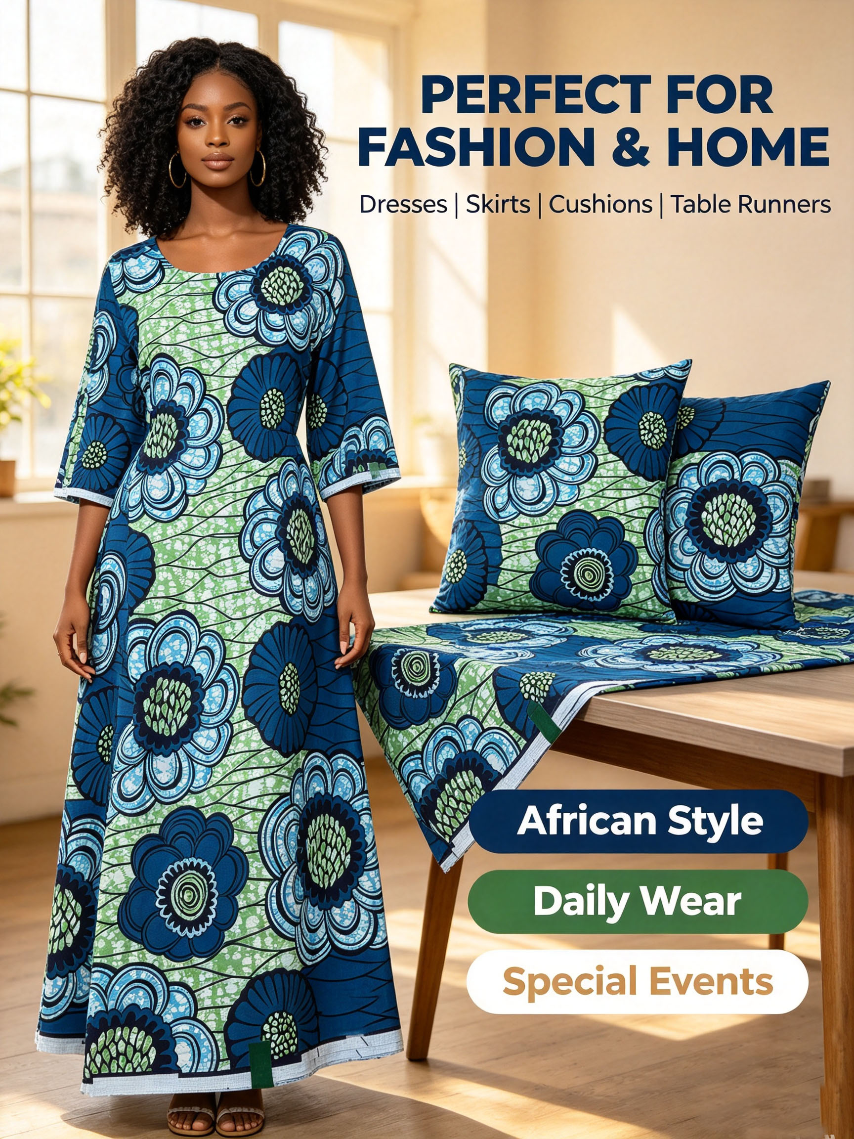 New Blue Green Floral African  - African Ankara Print 评论和价格