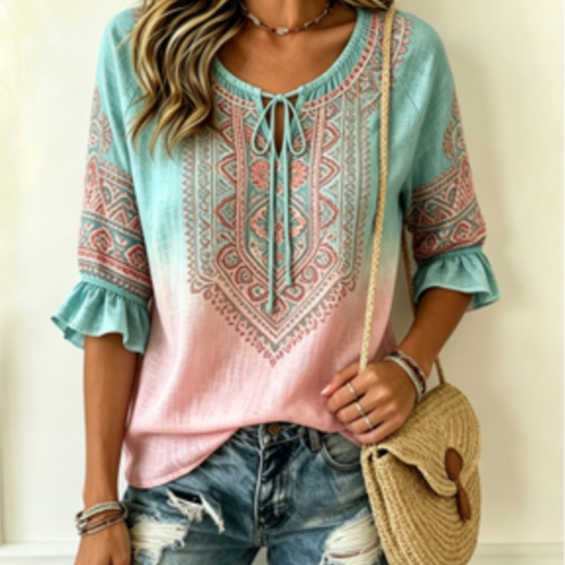 Women's Gradient Blue Pink Eth - Ethnic Fashion Wear 评论和价格